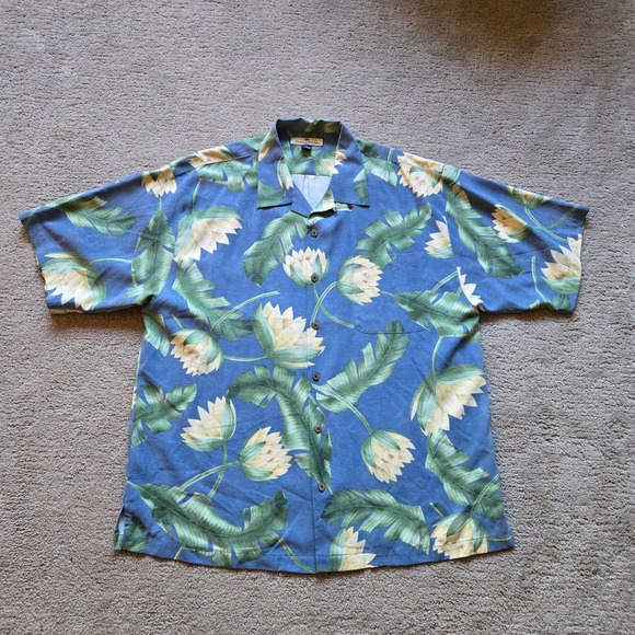 Tommy Bahama Other - Tommy Bahama Mens XL Silk Camp Shirt Blue Floral Tropical Lotus Short Sleeve
